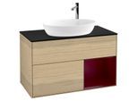Villeroy und Boch Finion Waschtischunterschrank F902HBPC 100cm, Abdeckplatte black matt, Regale Peony matt lacquer, Oak Veneer