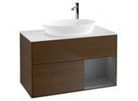 Villeroy und Boch Finion Waschtischunterschrank F901GKGN 100cm, Abdeckplatte white matt, Regale Anthracite matt lacquer, Walnut veneer