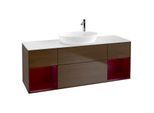 Villeroy und Boch Finion Waschtischunterschrank F981HBGN 160cm, Abdeckplatte white matt, Regale Peony matt lacquer, Walnut veneer
