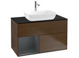 Villeroy und Boch Finion Waschtischunterschrank F772HGGN 100cm, Abdeckplatte black matt, Regale Midnight matt lacquer, Walnut veneer