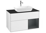 Villeroy und Boch Finion Waschtischunterschrank F782HGGF 100cm, Abdeckplatte black matt, Regale Midnight matt lacquer, Glossy white lacquer