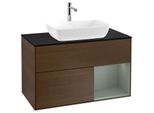Villeroy und Boch Finion Waschtischunterschrank F782GMGN 100cm, Abdeckplatte black matt, Regale Olive matt lacquer, Walnut veneer