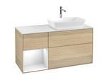 Villeroy und Boch Finion Waschtischunterschrank F801GFPC 120cm, Abdeckplatte white matt, Regale Glossy white lacquer, Oak Veneer
