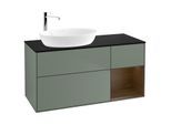Villeroy und Boch Finion Waschtischunterschrank F932GNGM 120cm, Abdeckplatte black matt, Regale Walnut Veneer, Olive Matt Lacquer