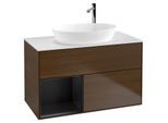Villeroy und Boch Finion Waschtischunterschrank F891PDGN 100cm, Abdeckplatte white matt, Regale Black matt lacquer, Walnut veneer