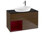 Villeroy und Boch Finion Waschtischunterschrank F892HBGN 100cm, Abdeckplatte black matt, Regale Peony matt lacquer, Walnut veneer