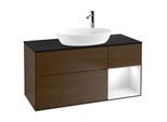 Villeroy und Boch Finion Waschtischunterschrank F952GFGN 120cm, Abdeckplatte black matt, Regale Glossy white lacquer, Walnut veneer