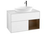Villeroy und Boch Finion Waschtischunterschrank G901GNGF 100cm, Abdeckplatte white matt, Emotion, Regale Walnut Veneer, Glossy white lacquer