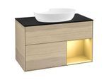 Villeroy und Boch Finion Waschtischunterschrank FA22HFPC 100cm, Abdeckplatte black matt, Regale Gold matt lacquer, Oak Veneer