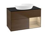 Villeroy und Boch Finion Waschtischunterschrank FA22PCGN 100cm, Abdeckplatte black matt, Regale Oak Veneer, Walnut veneer