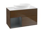 Villeroy und Boch Finion Waschtischunterschrank GA11HGGN 100cm, Abdeckplatte white matt, Emotion, Regale Midnight matt lacquer, Walnut veneer