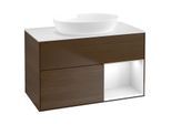Villeroy und Boch Finion Waschtischunterschrank FA21GFGN 100cm, Abdeckplatte white matt, Regale Glossy white lacquer, Walnut veneer