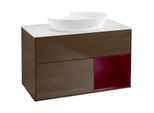 Villeroy und Boch Finion Waschtischunterschrank FA21HBGN 100cm, Abdeckplatte white matt, Regale Peony matt lacquer, Walnut veneer