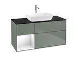 Villeroy und Boch Finion Waschtischunterschrank G822GFGM 120cm, Abdeckplatte black matt, Emotion, Regale Glossy white lacquer, Olive Matt Lacquer