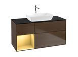 Villeroy und Boch Finion Waschtischunterschrank G822HFGN 120cm, Abdeckplatte black matt, Emotion, Regale Gold matt lacquer, Walnut veneer