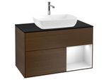 Villeroy und Boch Finion Waschtischunterschrank F782MTGN 100cm, Abdeckplatte black matt, Regale White matt lacquer, Walnut veneer