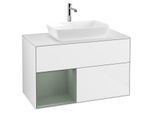 Villeroy und Boch Finion Waschtischunterschrank G771GMGF 100cm, Abdeckplatte white matt, Emotion, Regale Olive matt lacquer, Glossy white lacquer