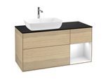 Villeroy und Boch Finion Waschtischunterschrank F812GFPC 120cm, Abdeckplatte black matt, Regale Glossy white lacquer, Oak Veneer