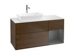 Villeroy und Boch Finion Waschtischunterschrank F811GKGN 120cm, Abdeckplatte white matt, Regale Anthracite matt lacquer, Walnut veneer