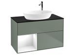 Villeroy und Boch Finion Waschtischunterschrank G892GFGM 100cm, Abdeckplatte black matt, Emotion, Regale Glossy white lacquer, Olive Matt Lacquer