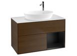 Villeroy und Boch Finion Waschtischunterschrank G901PDGN 100cm, Abdeckplatte white matt, Emotion, Regale Black matt lacquer, Walnut veneer