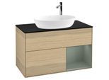 Villeroy und Boch Finion Waschtischunterschrank F902GMPC 100cm, Abdeckplatte black matt, Regale Olive matt lacquer, Oak Veneer