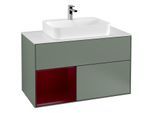 Villeroy und Boch Finion Waschtischunterschrank F361HBGM 100cm, Abdeckplatte white matt, Regal links Peony, Olive Matt Lacquer