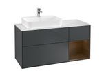 Villeroy und Boch Finion Waschtischunterschrank F401GNHG 120cm, Abdeckplatte white matt, Regal rechts Walnut veneer, Midnight Blue Matt Lacquer