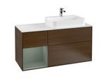 Villeroy und Boch Finion Waschtischunterschrank F391GMGN 120cm, Abdeckplatte white matt, Regal links Olive Matt Lacquer, Walnut veneer