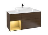 Villeroy und Boch Finion Waschtischunterschrank F411HFGN 120cm, Abdeckplatte white matt, Regal links Gold matt, Walnut veneer