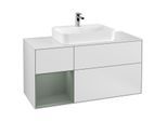 Villeroy und Boch Finion Waschtischunterschrank F411GMMT 120cm, Abdeckplatte white matt, Regal links Olive Matt Lacquer, White matt lacquer