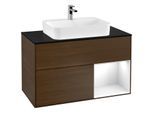 Villeroy und Boch Finion Waschtischunterschrank G372GFGN 100cm, Abdeckplatte black matt, Emotion, Regal rechts Glossy white lacquer, Walnut veneer