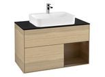 Villeroy und Boch Finion Waschtischunterschrank G372GNPC 100cm, Abdeckplatte black matt, Emotion, Regal rechts Walnut veneer, Oak Veneer