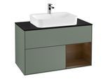 Villeroy und Boch Finion Waschtischunterschrank F372GNGM 100cm, Abdeckplatte black matt, Regal rechts Walnut veneer, Olive Matt Lacquer