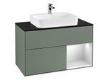 Villeroy und Boch Finion Waschtischunterschrank F372MTGM 100cm, Abdeckplatte black matt, Regal rechts White matt lacquer, Olive Matt Lacquer