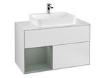 Villeroy und Boch Finion Waschtischunterschrank G361GMMT 100cm, Abdeckplatte white matt, Emotion, Regal links Olive Matt Lacquer, White matt lacquer