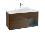 Villeroy und Boch Finion Waschtischunterschrank F831HGGN 120cm, Abdeckplatte white matt, Regale Midnight matt lacquer, Walnut veneer