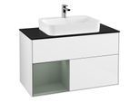 Villeroy und Boch Finion Waschtischunterschrank F362GMGF 100cm, Abdeckplatte black matt, Regal links Olive Matt Lacquer, Glossy white lacquer
