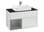 Villeroy und Boch Finion Waschtischunterschrank F362GMMT 100cm, Abdeckplatte black matt, Regal links Olive Matt Lacquer, White matt lacquer