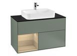 Villeroy und Boch Finion Waschtischunterschrank F362PCGM 100cm, Abdeckplatte black matt, Regal links Oak Veneer, Olive Matt Lacquer
