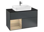 Villeroy und Boch Finion Waschtischunterschrank F362PCHG 100cm, Abdeckplatte black matt, Regal links Oak Veneer, Midnight Blue Matt Lacquer