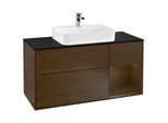 Villeroy und Boch Finion Waschtischunterschrank F422GNGN 120cm, Abdeckplatte black matt, Regal rechts Walnut veneer, Walnut veneer
