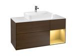 Villeroy und Boch Finion Waschtischunterschrank G421HFGN 120cm, Abdeckplatte white matt, Emotion, Regal rechts Gold matt, Walnut veneer