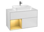 Villeroy und Boch Finion Waschtischunterschrank F361HFMT 100cm, Abdeckplatte white matt, Regal links Gold matt, White matt lacquer