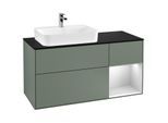 Villeroy und Boch Finion Waschtischunterschrank F402MTGM 120cm, Abdeckplatte black matt, Regal rechts White matt lacquer, Olive Matt Lacquer