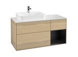 Villeroy und Boch Finion Waschtischunterschrank F401PDPC 120cm, Abdeckplatte white matt, Regal rechts Black matt lacquer, Oak Veneer
