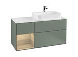 Villeroy und Boch Finion Waschtischunterschrank G391PCGM 120cm, Abdeckplatte white matt, Emotion, Regal links Oak Veneer, Olive Matt Lacquer