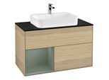 Villeroy und Boch Finion Waschtischunterschrank G362GMPC 100cm, Abdeckplatte black matt, Emotion, Regal links Olive Matt Lacquer, Oak Veneer