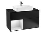 Villeroy und Boch Finion Waschtischunterschrank G362MTPD 100cm, Abdeckplatte black matt, Emotion, Regal links White matt lacquer, Black matt lacquer