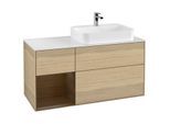 Villeroy und Boch Finion Waschtischunterschrank F391GNPC 120cm, Abdeckplatte white matt, Regal links Walnut veneer, Oak Veneer
